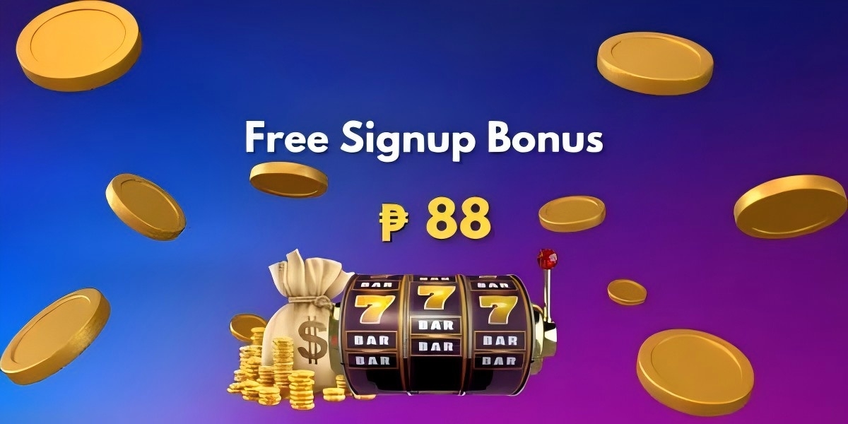 Welcome bundle banner showing stacked gold coins above a collage of slot reels